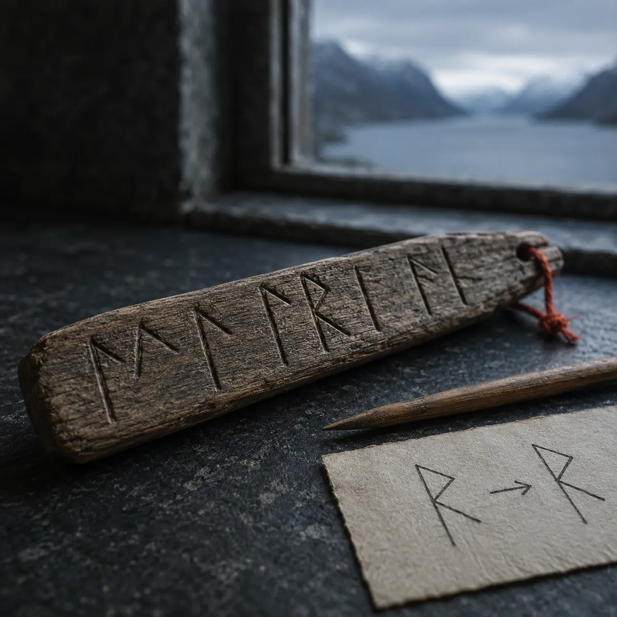 A weathered wooden rune stick beside a tracing that demonstrates two angular letterforms sharing one stave