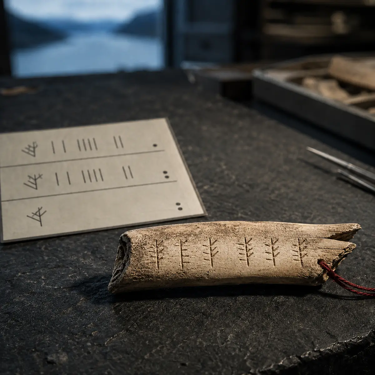 A weathered bone fragment with branch-like cipher marks beside a three-row decoding card