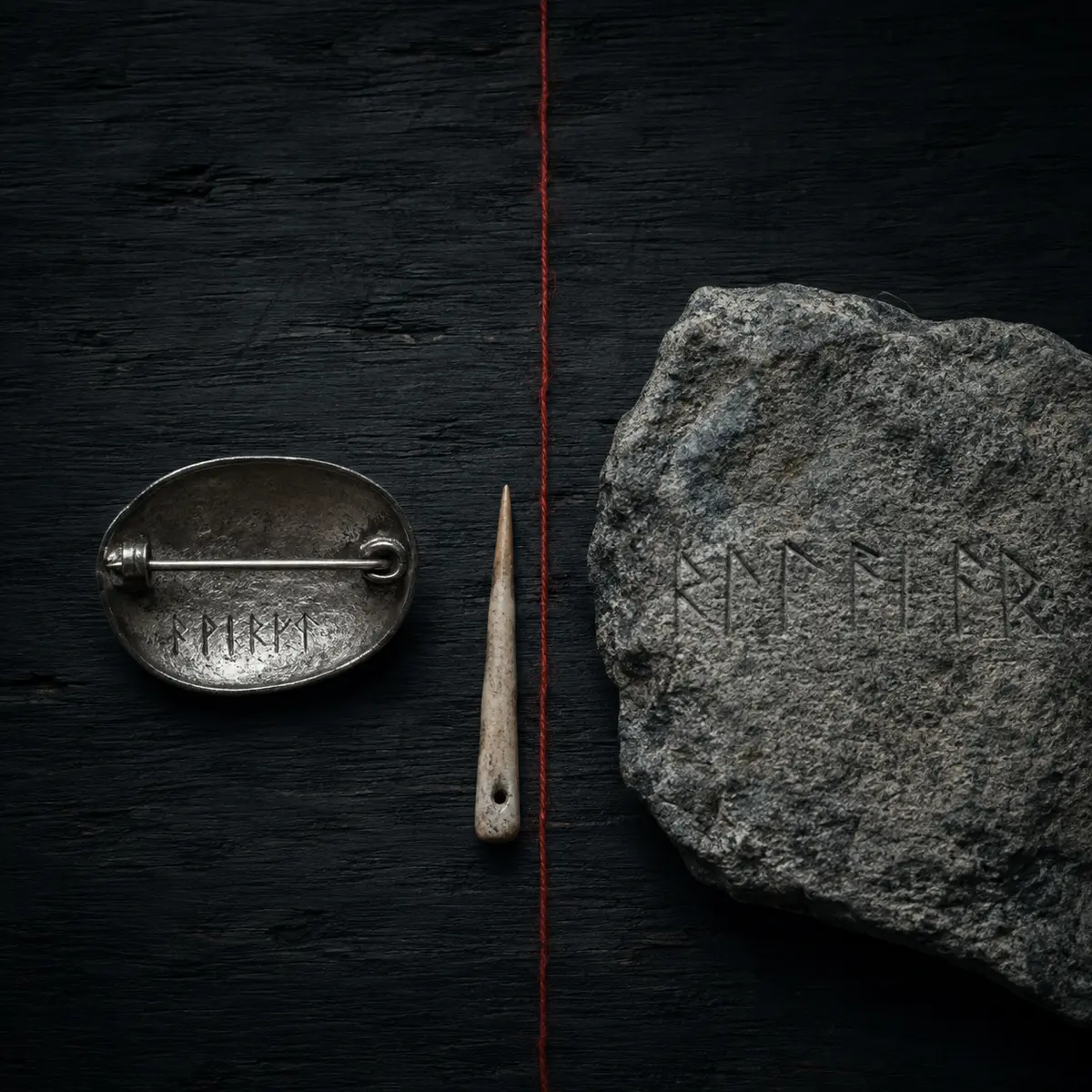 An early Iron Age silver brooch and a Viking Age granite inscription separated by a red timeline on a museum table