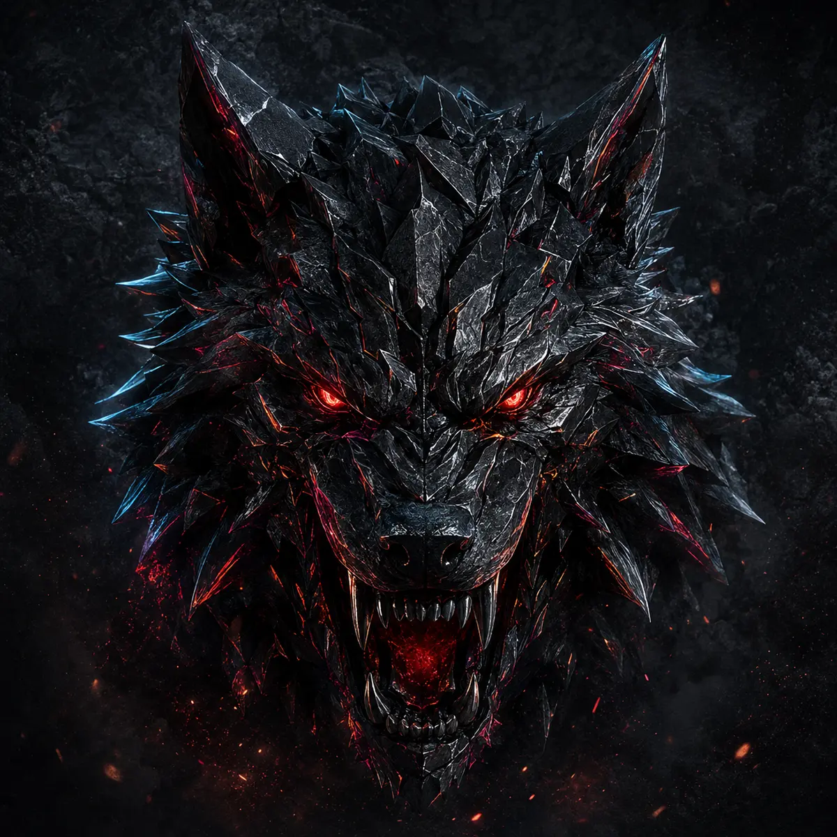 Obsidian Fenrir wolf with controlled volcanic energy