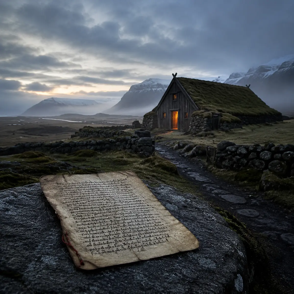 A modern historical visualization of a vellum saga leaf resting on basalt before an Icelandic turf farm and mountain landscape