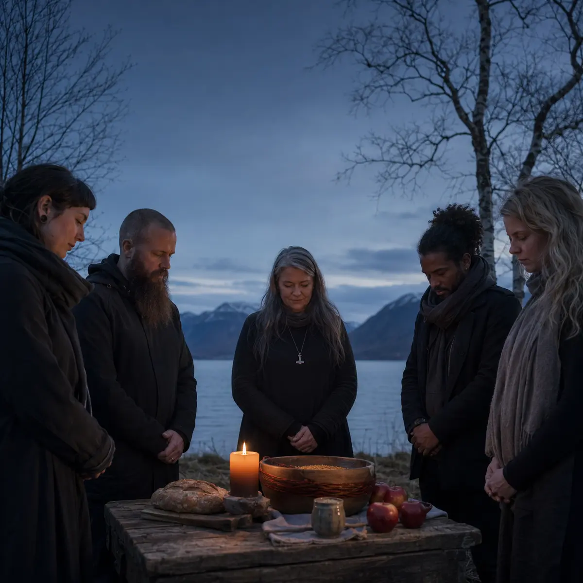 A diverse contemporary Norse Pagan group gathered around a simple offering table beside a Nordic lake at dusk