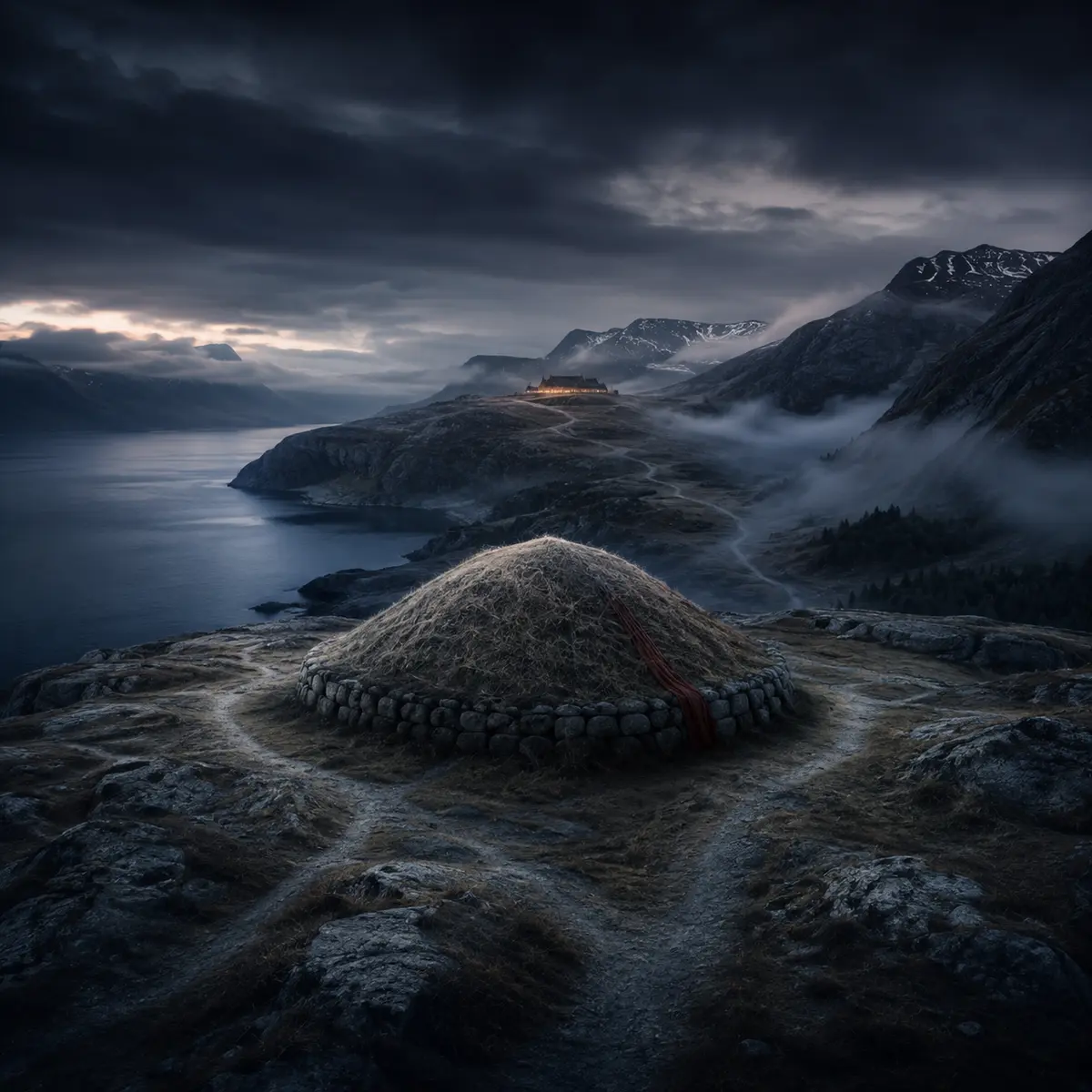 A modern artistic interpretation of a burial mound above a northern fjord with paths dividing into the mist