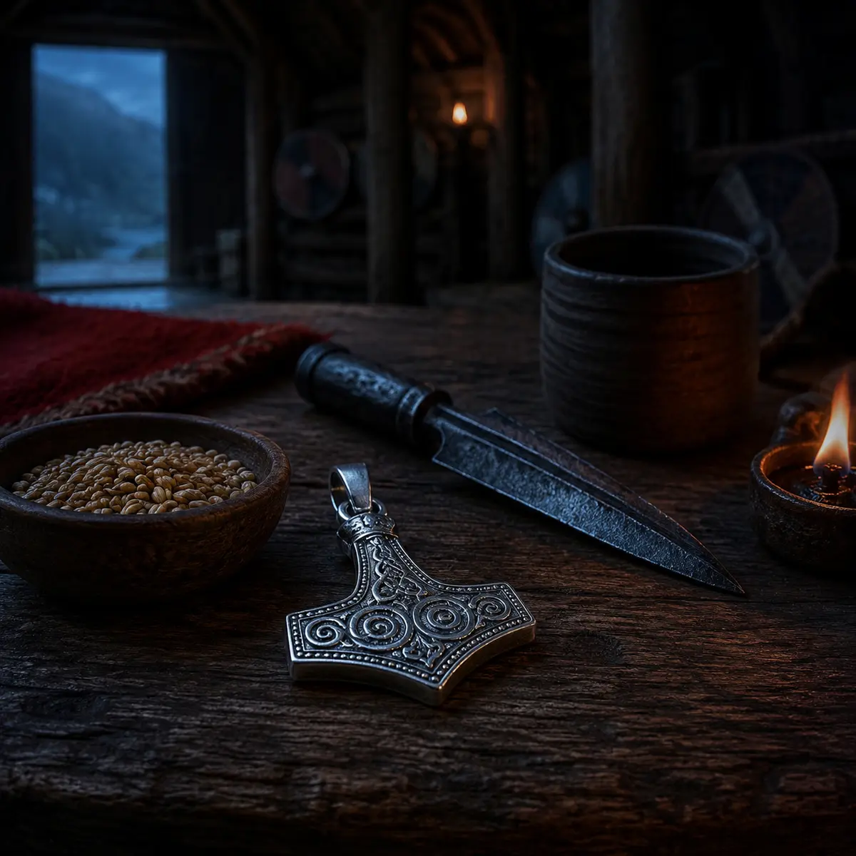 An artistic reconstruction of a Viking Age ritual table with a Thor's hammer pendant, spearhead and bowl of grain