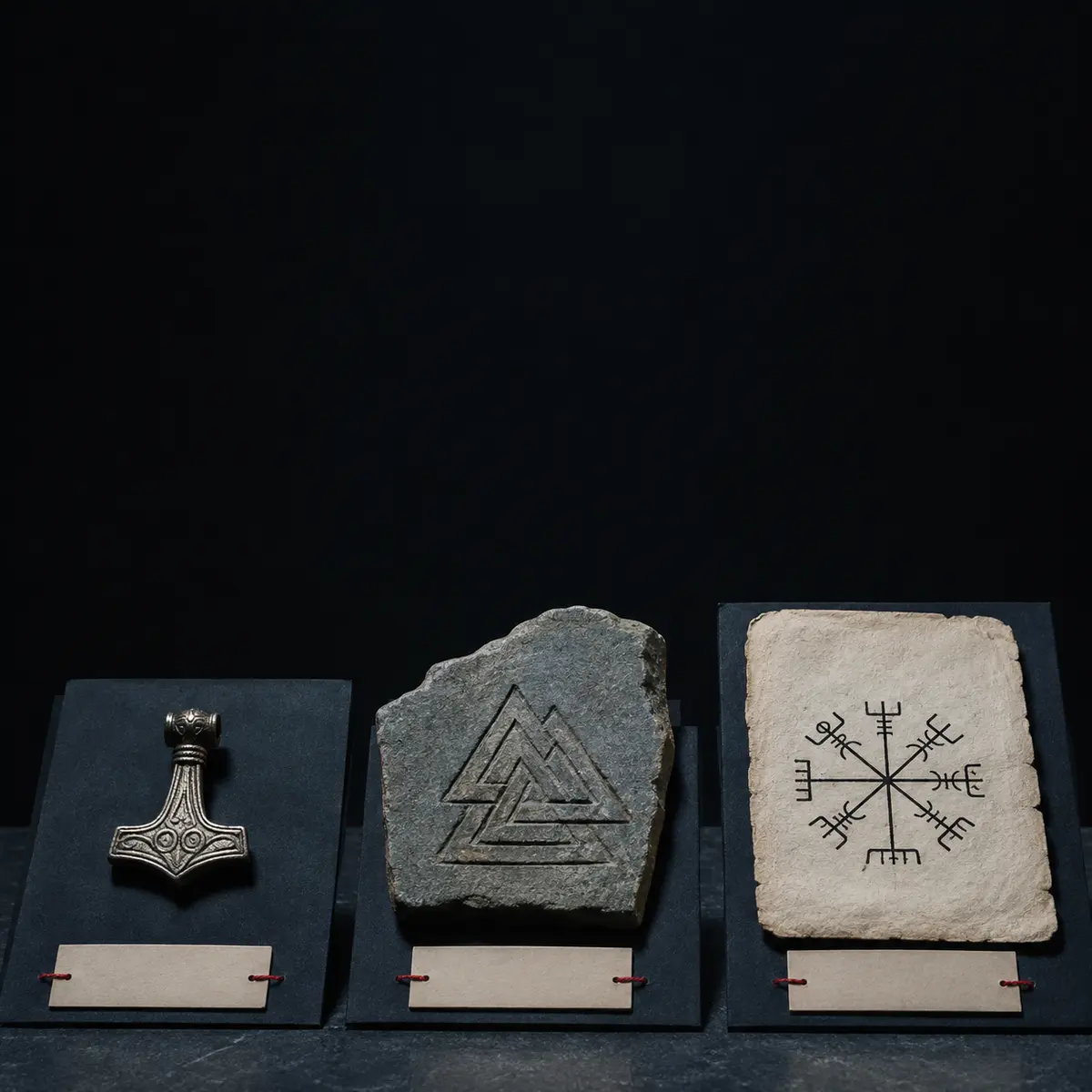 Three separate museum displays showing a Mjölnir pendant, an interlocking-triangle stone motif and a later Icelandic magical stave manuscript