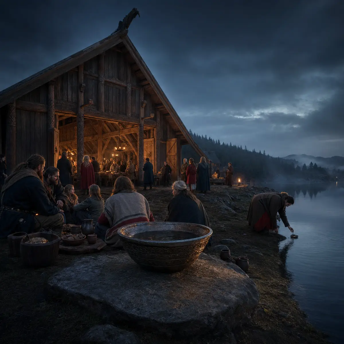 A Viking Age community gathering beside a timber hall and lake for a ritual feast and a modest offering