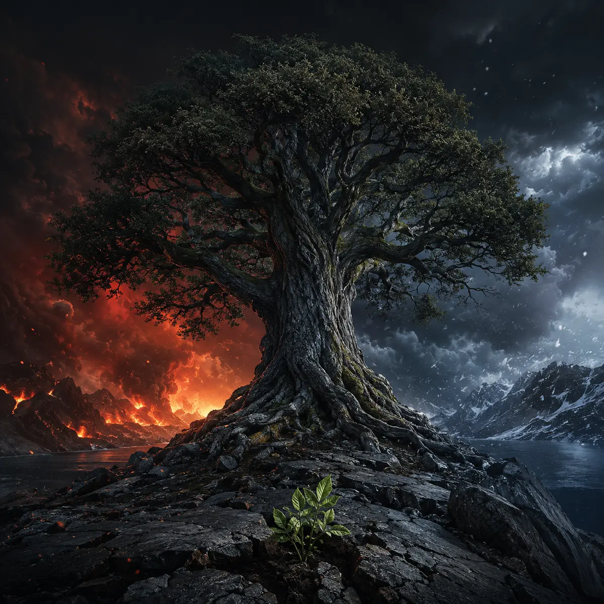 A modern artistic interpretation of Yggdrasil standing between fire and winter while new green shoots emerge from fractured granite