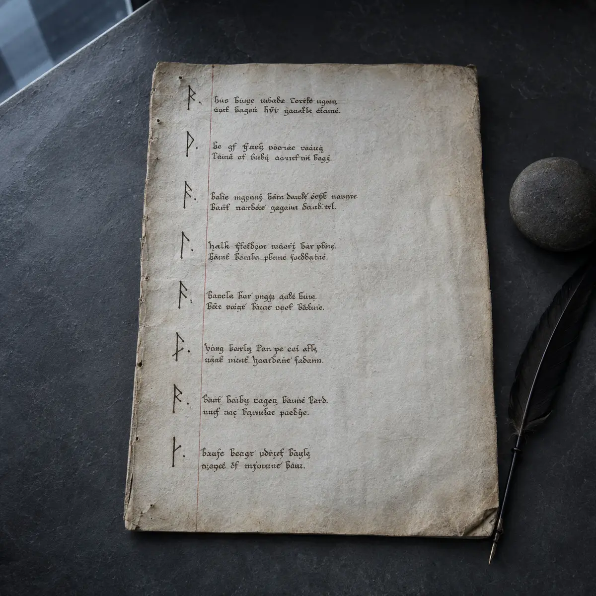 A medieval vellum folio arranged as short catalogue verses with isolated angular signs in the margin