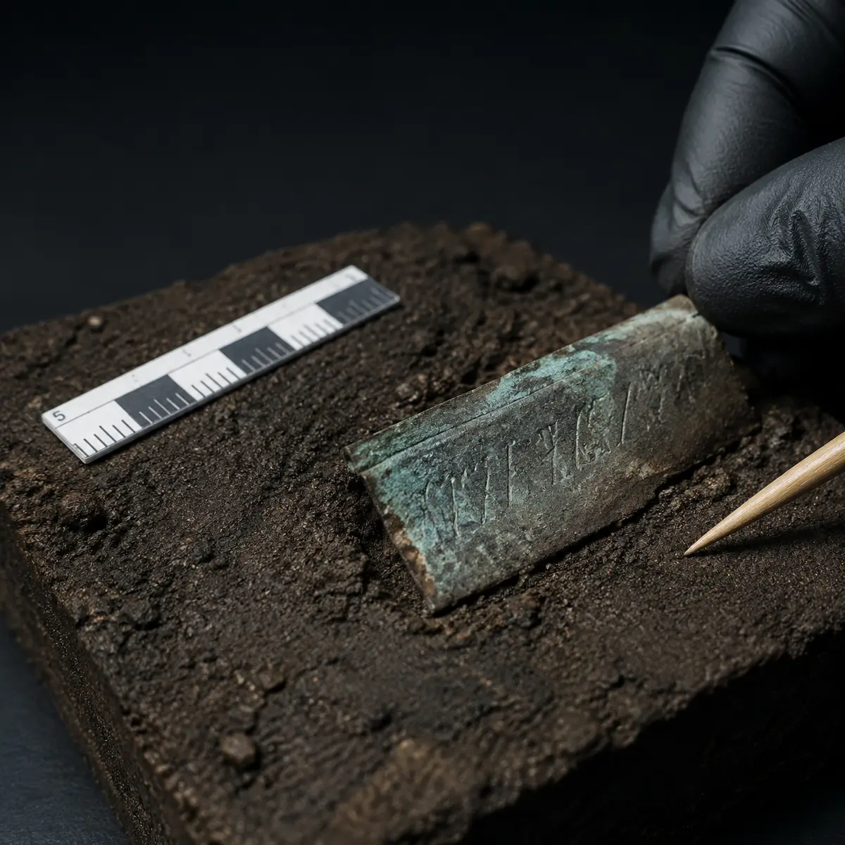 A small corroded copper-alloy plate with partial angular inscriptions being documented in archaeological soil