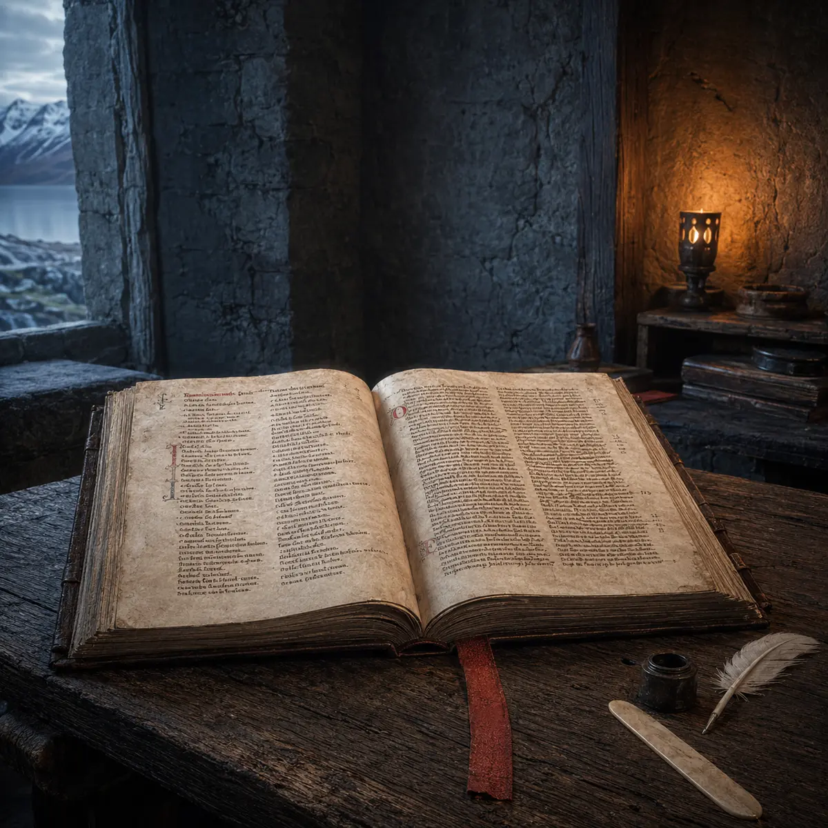 A modern historically inspired image of an open medieval Icelandic vellum codex with verse and prose arranged on opposite pages
