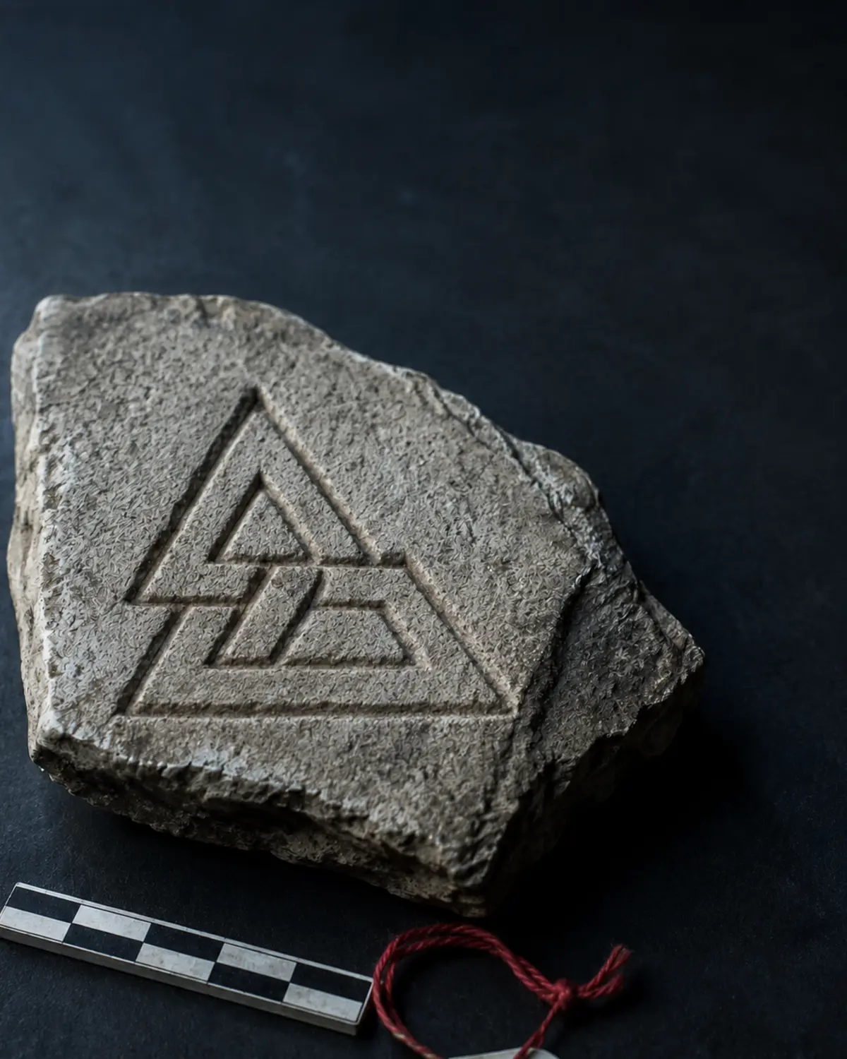 A weathered limestone fragment with a carved three-triangle motif on a conservation table