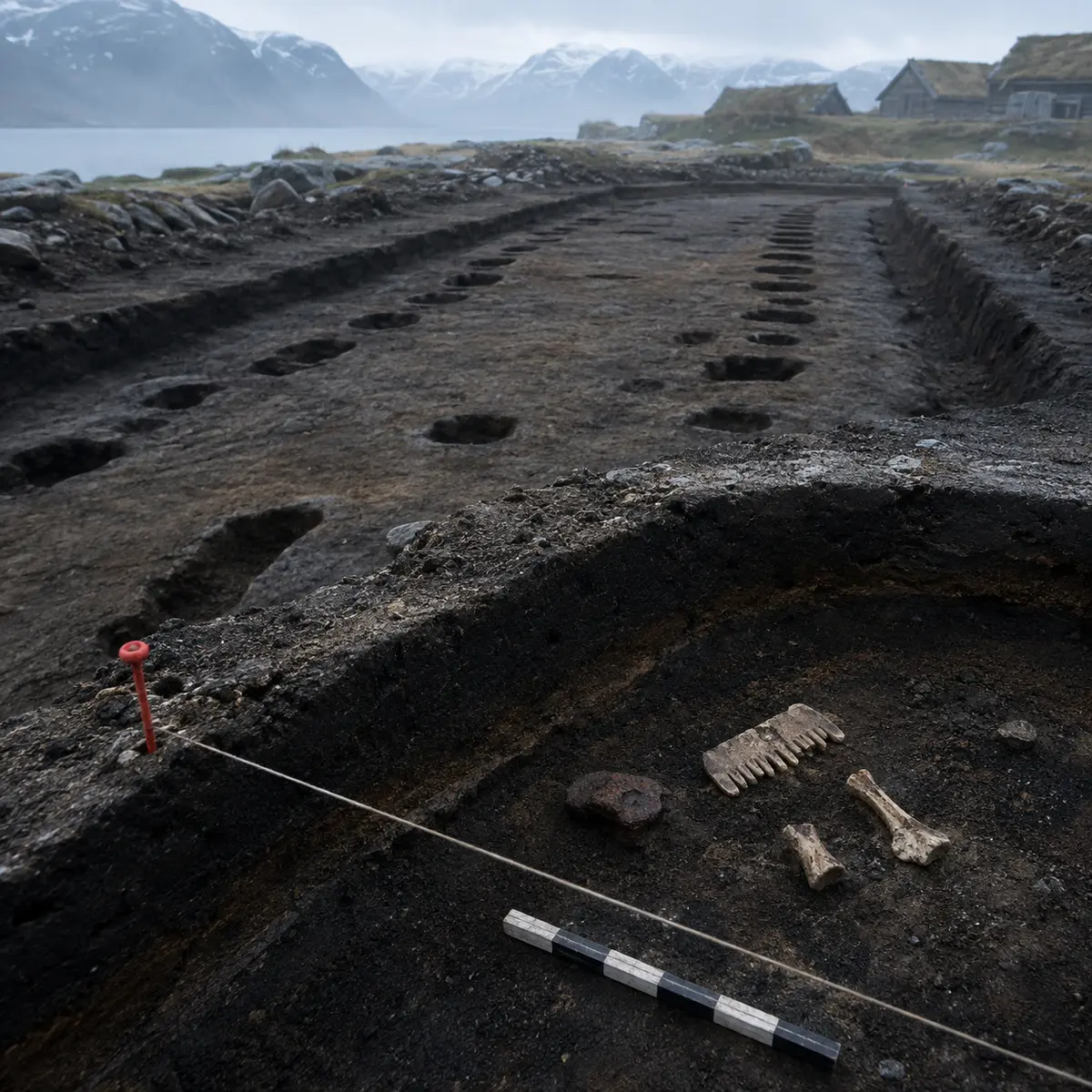 A modern archaeological visualization of a Viking Age longhouse excavation with postholes, an antler comb, iron rivet and animal bones in context