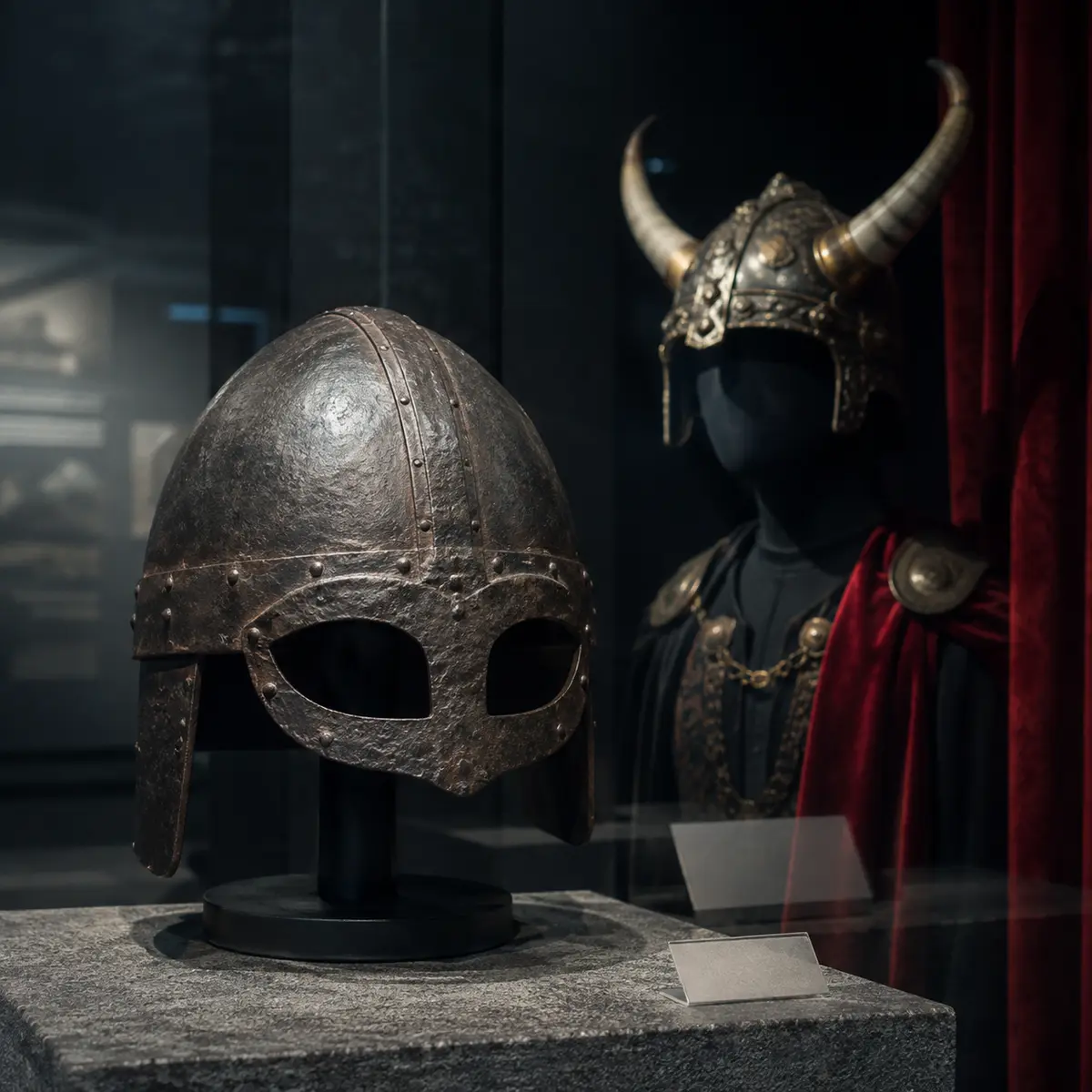 A practical hornless Viking Age helmet reconstruction displayed before a later theatrical horned costume helmet