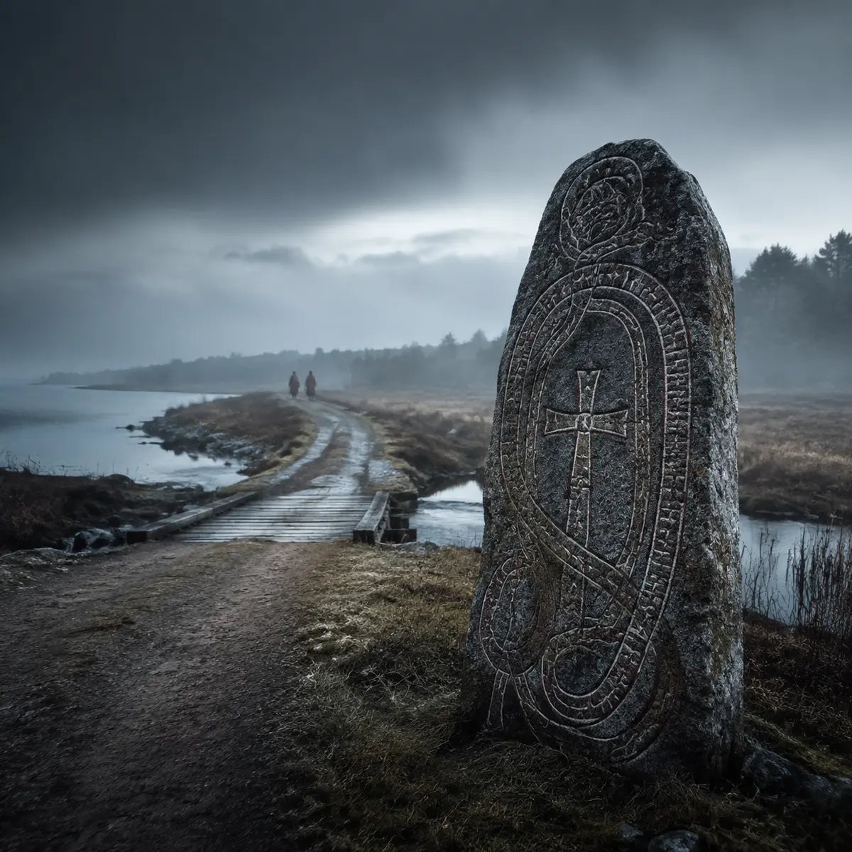 A late Viking Age runestone standing beside a raised road and wooden bridge in a misty Scandinavian landscape