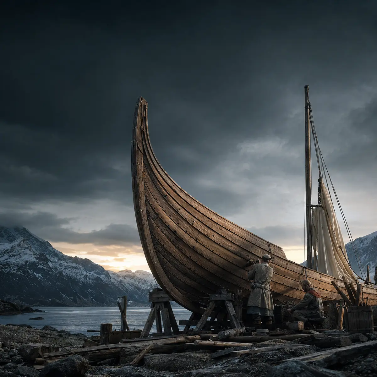 Historically inspired clinker-built Scandinavian ship under construction beside a cold fjord
