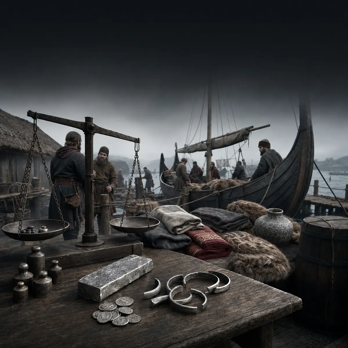 Historically inspired Viking Age market with balance scales, cut silver and a cargo ship at a timber harbour