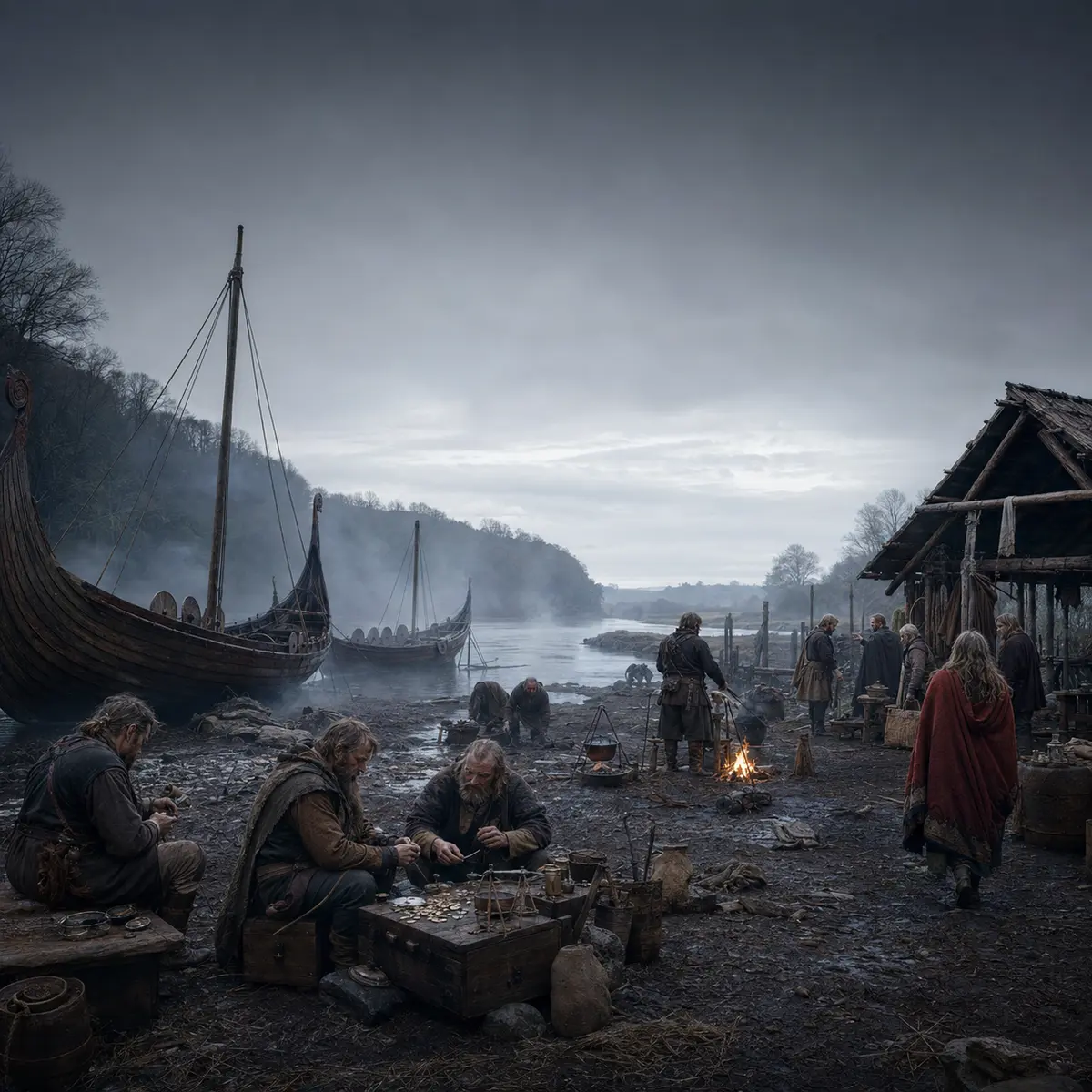 Historically inspired Viking Age winter camp with ships, craftwork and silver exchange beside an English river