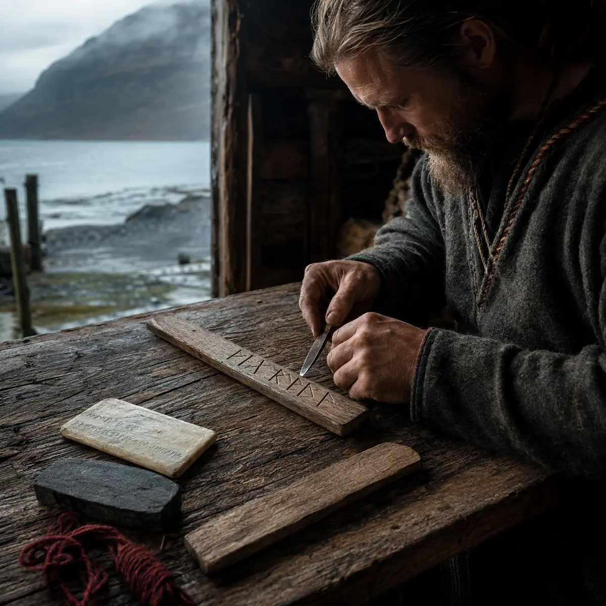 A Viking Age runecarver cutting angular signs into a narrow wooden stick at a workshop above a Scandinavian fjord