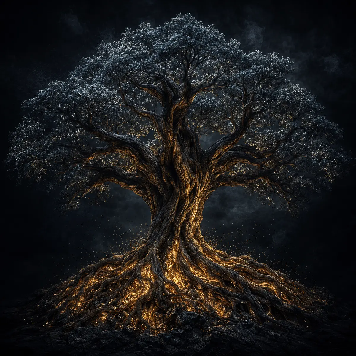 Dark Yggdrasil tree illuminated by molten gold roots