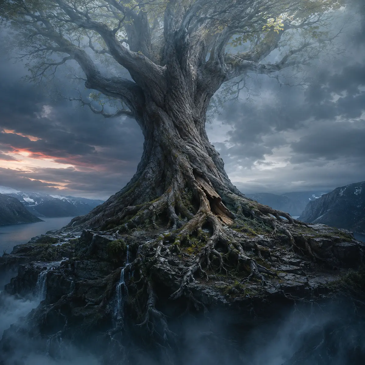 A modern artistic interpretation of a monumental world tree rooted in granite above a dark northern fjord
